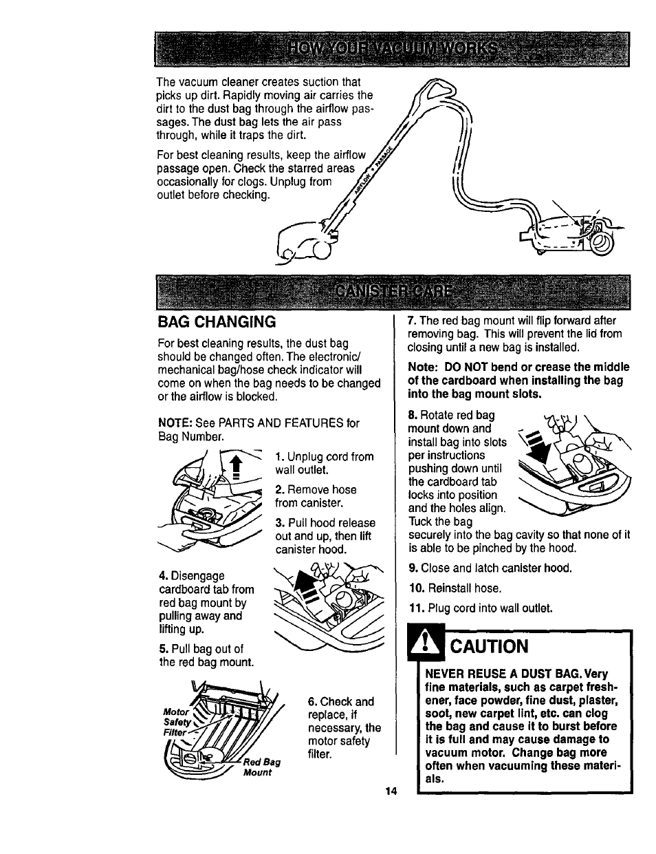 Bag changing, Caution | Kenmore ASPIRADORA 116.23513 User Manual | Page 14 / 40