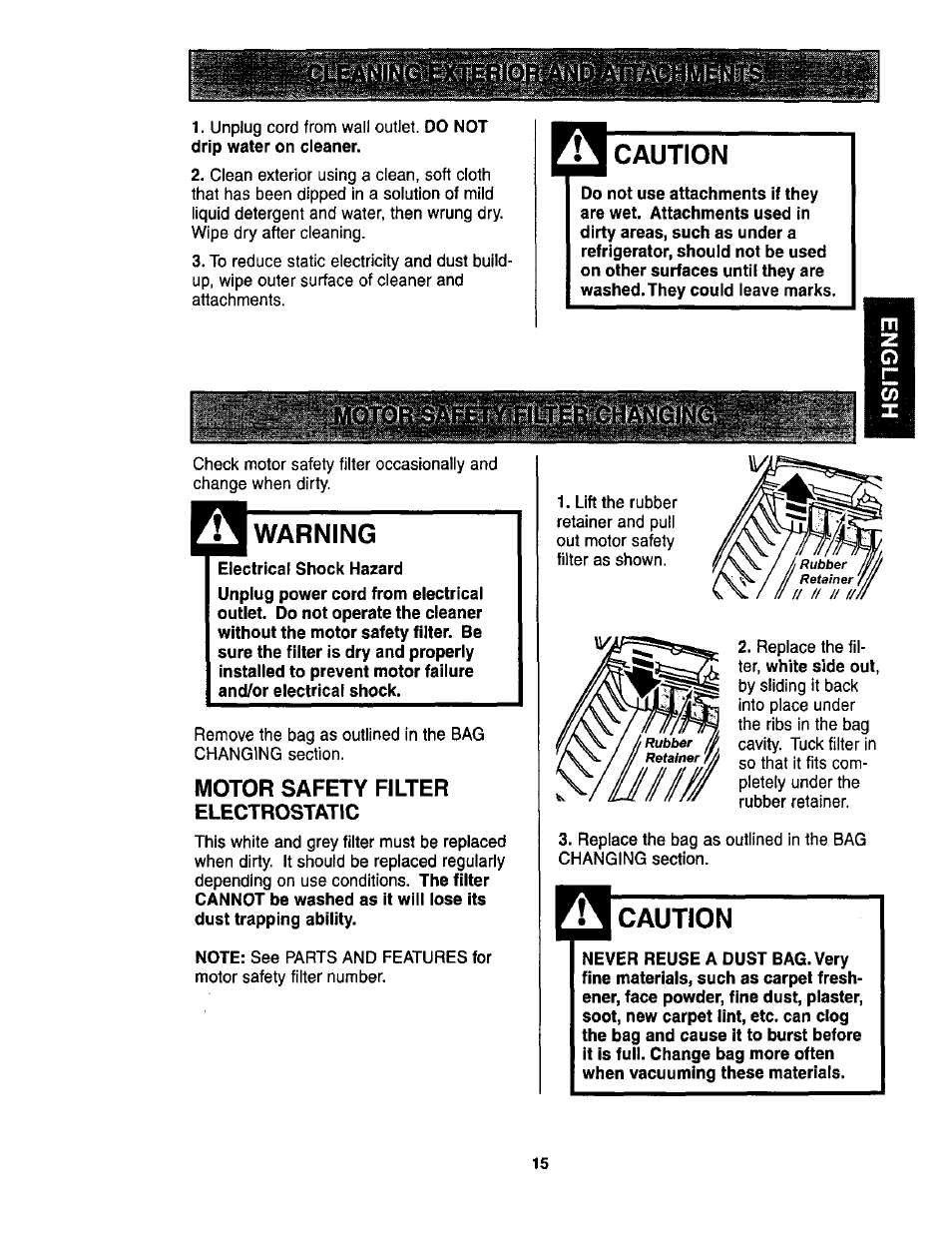 Caution, Warning, Electrical shock hazard | Motor safety filter electrostatic, Motor safety filter changing, Jl'bm, Motor safety filter | Kenmore ASPIRADORA 116.23513 User Manual | Page 15 / 40