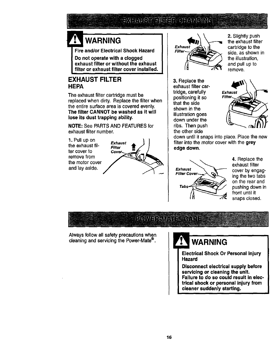 Warning, Fire and/or electrical shock hazard, Exhaust filter hepa | Electrical shock or personal injury hazard, Exhaust filter changing, Exhaust filter | Kenmore ASPIRADORA 116.23513 User Manual | Page 16 / 40