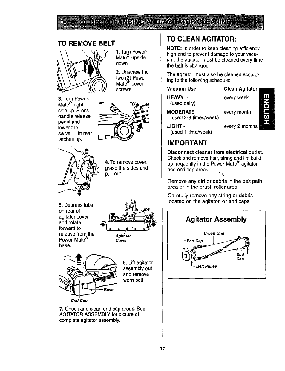 Anging^and agitator cleaning, To remove belt, To clean agitator | Important | Kenmore ASPIRADORA 116.23513 User Manual | Page 17 / 40