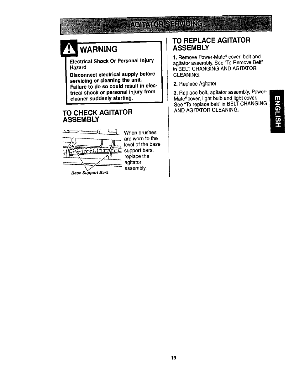 To replace agitator assembly, Warning | Kenmore ASPIRADORA 116.23513 User Manual | Page 19 / 40