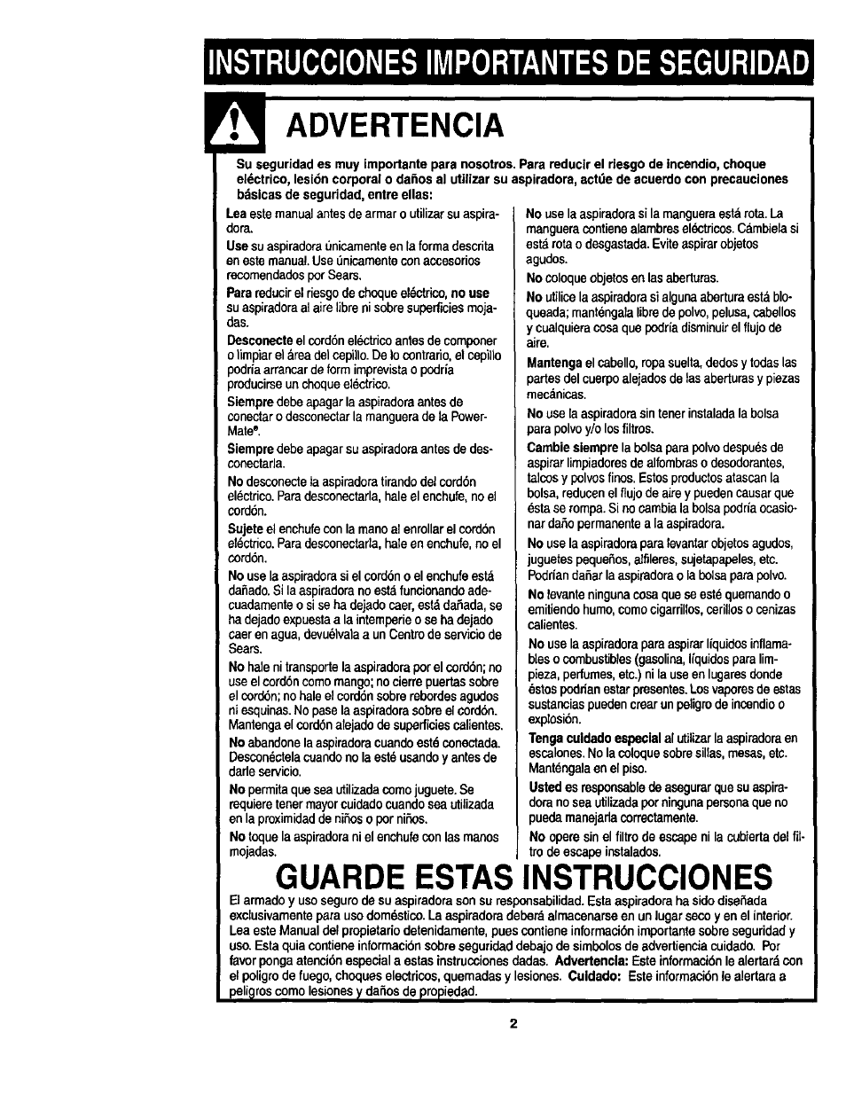 Instrucciones importantes de seguridad, Advertencia, Guarde estas instrucciones | Kenmore ASPIRADORA 116.23513 User Manual | Page 22 / 40