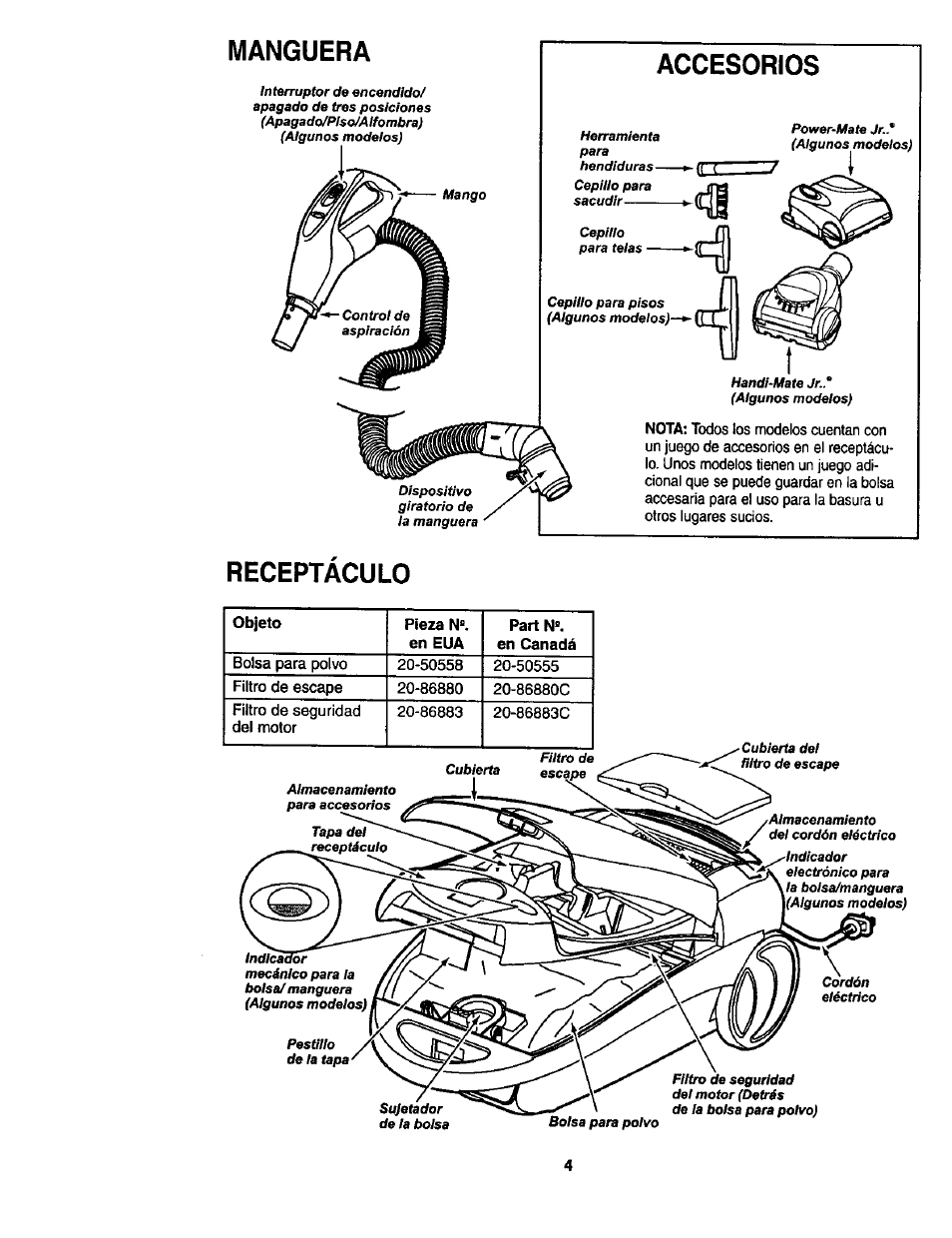 Manguera, Accesorios, Receptaculo | Kenmore ASPIRADORA 116.23513 User Manual | Page 24 / 40