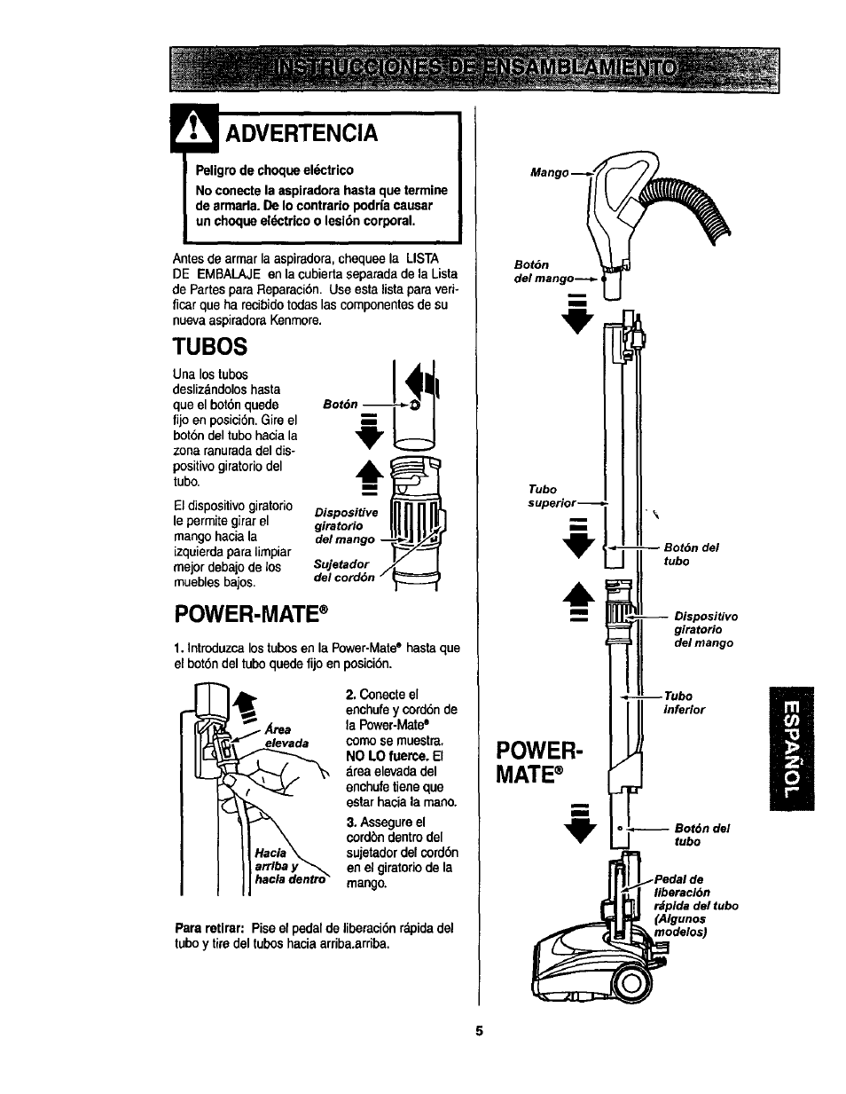 Advefttencia, Tubos, Power-mate | Power, Mate, Power­ mate | Kenmore ASPIRADORA 116.23513 User Manual | Page 25 / 40