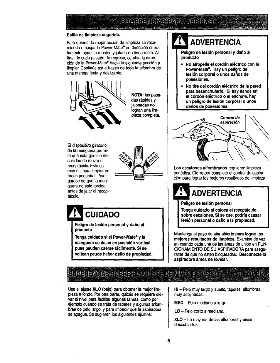 Cuidado, Advertencia | Kenmore ASPIRADORA 116.23513 User Manual | Page 28 / 40