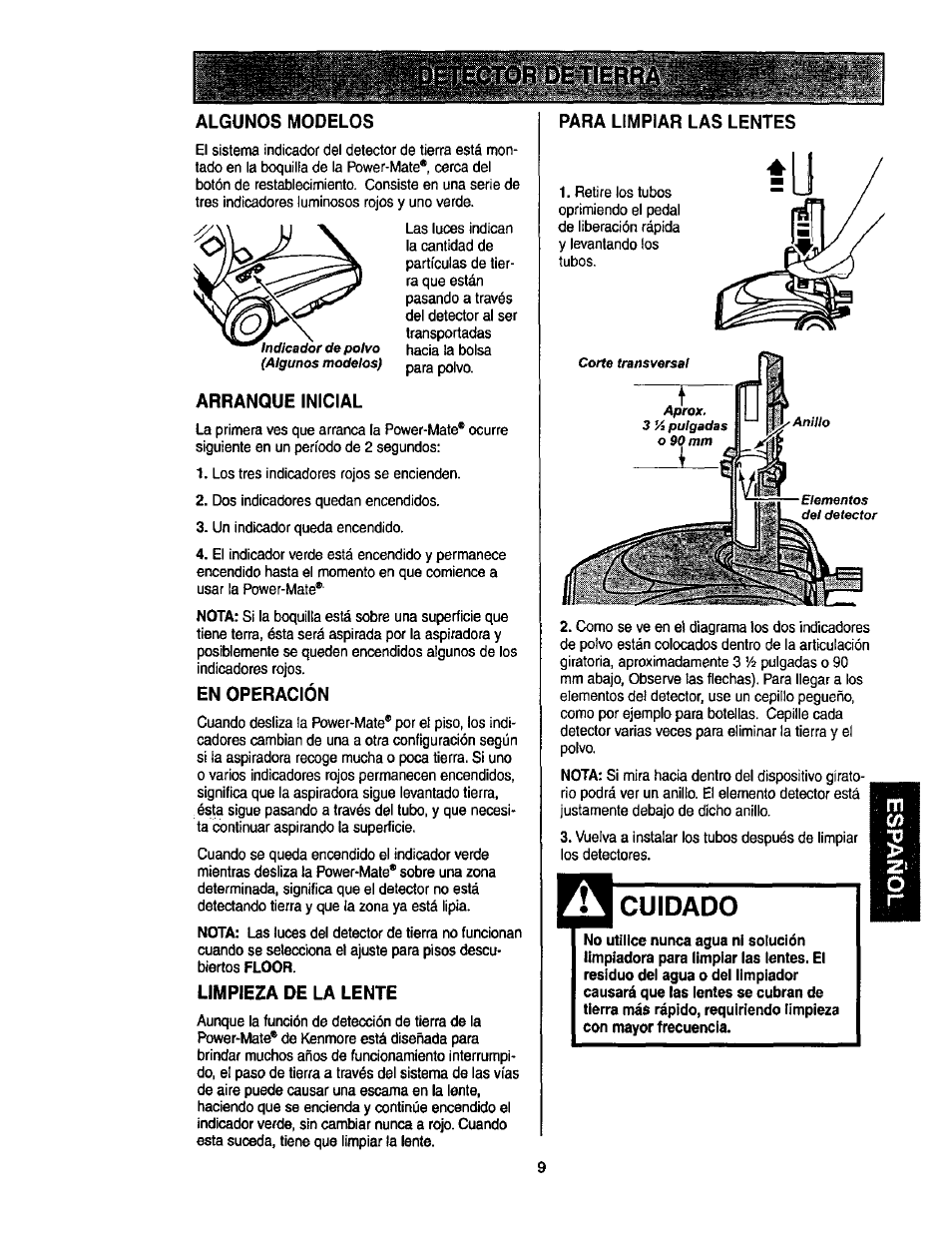 Algunos modelos, Arranque inicial, En operación | Limpieza de la lente, Para limpiar las lentes, Cuidado | Kenmore ASPIRADORA 116.23513 User Manual | Page 29 / 40