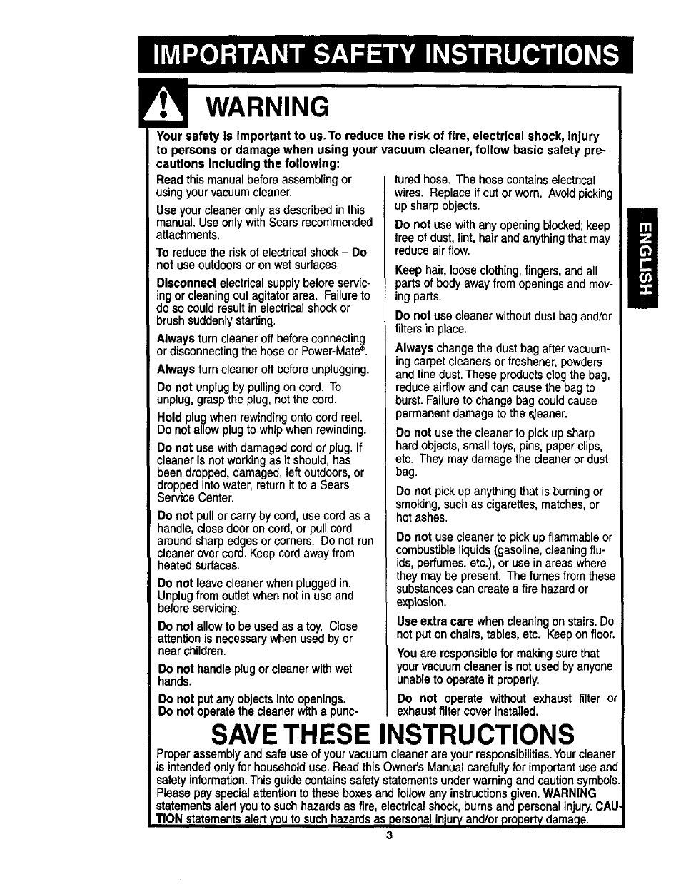 Important safety instructions, Warning, Save these instructions | Kenmore ASPIRADORA 116.23513 User Manual | Page 3 / 40