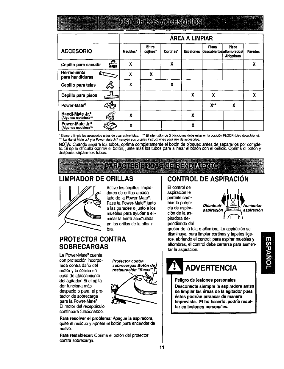 Limpiador de orillas, Protector contra sobrecargas, Control de aspiracion | Advertencia, I|íy<{4, Área a limpiar accesorio, Ccrr | Kenmore ASPIRADORA 116.23513 User Manual | Page 31 / 40