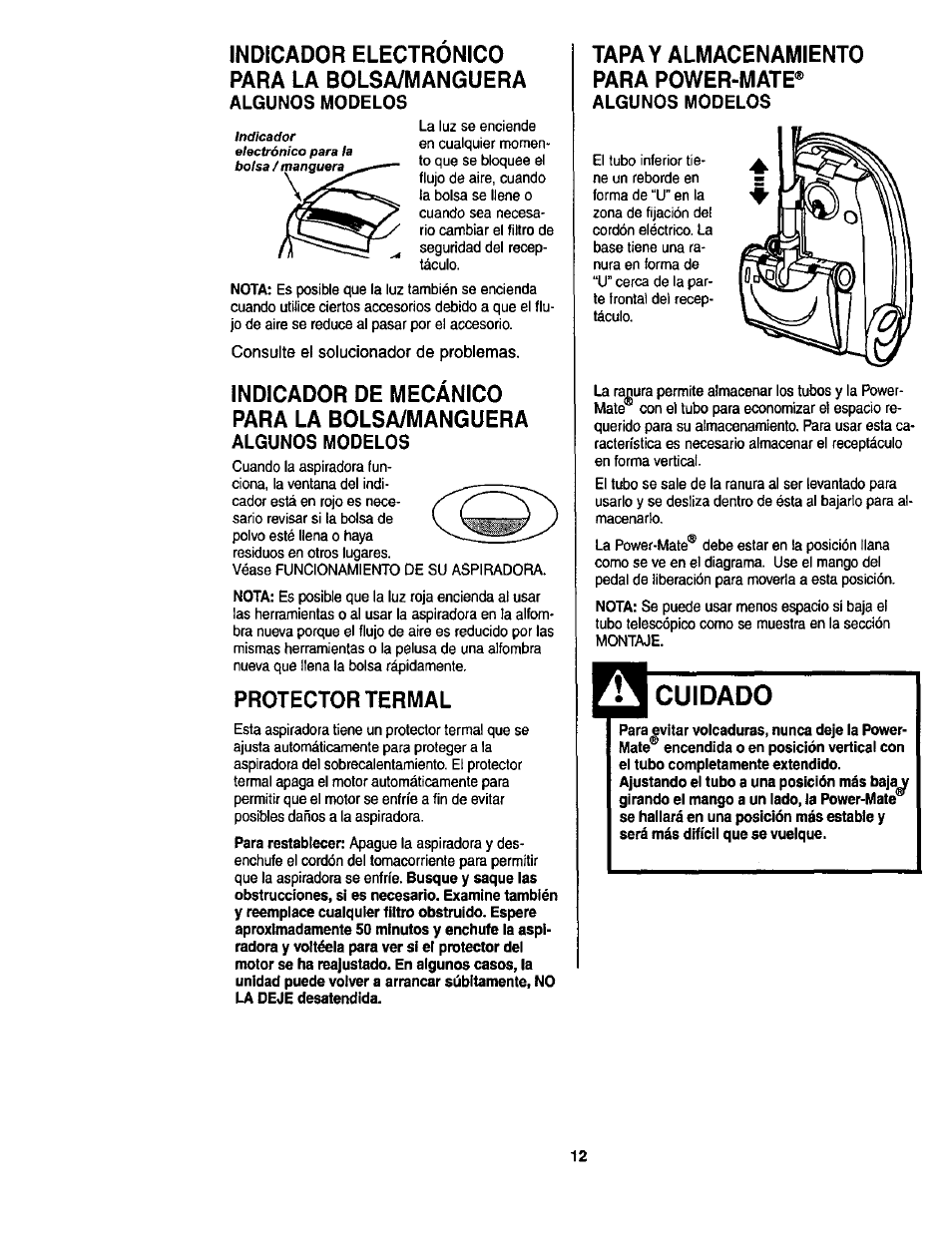 Protector termal, Tapa y almacenamiento, Para power-mate | Algunos modelos, Cuidado, Indicador electronico para la bolsa/manguera, Indicador de mecánico para la bolsa/manguera, Tapa y almacenamiento para power-mate | Kenmore ASPIRADORA 116.23513 User Manual | Page 32 / 40