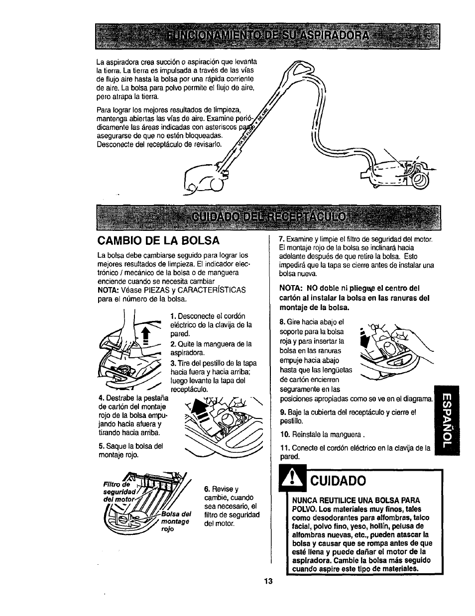 Cambio de la bolsa, Cuidado | Kenmore ASPIRADORA 116.23513 User Manual | Page 33 / 40