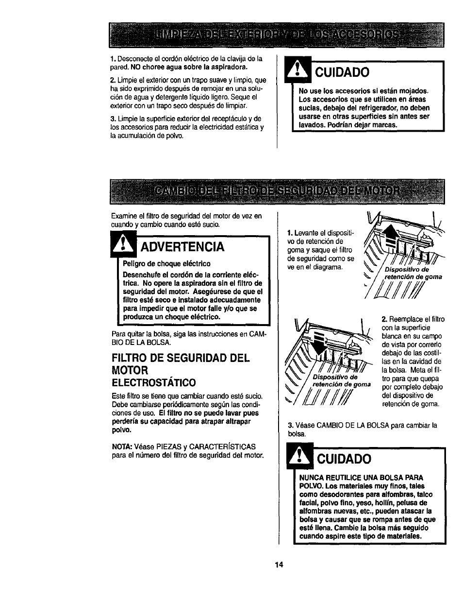 Cuidado, Advertencia, Peligro de choque eléctrico | Filtro de seguridad del motor, Electrostático | Kenmore ASPIRADORA 116.23513 User Manual | Page 34 / 40