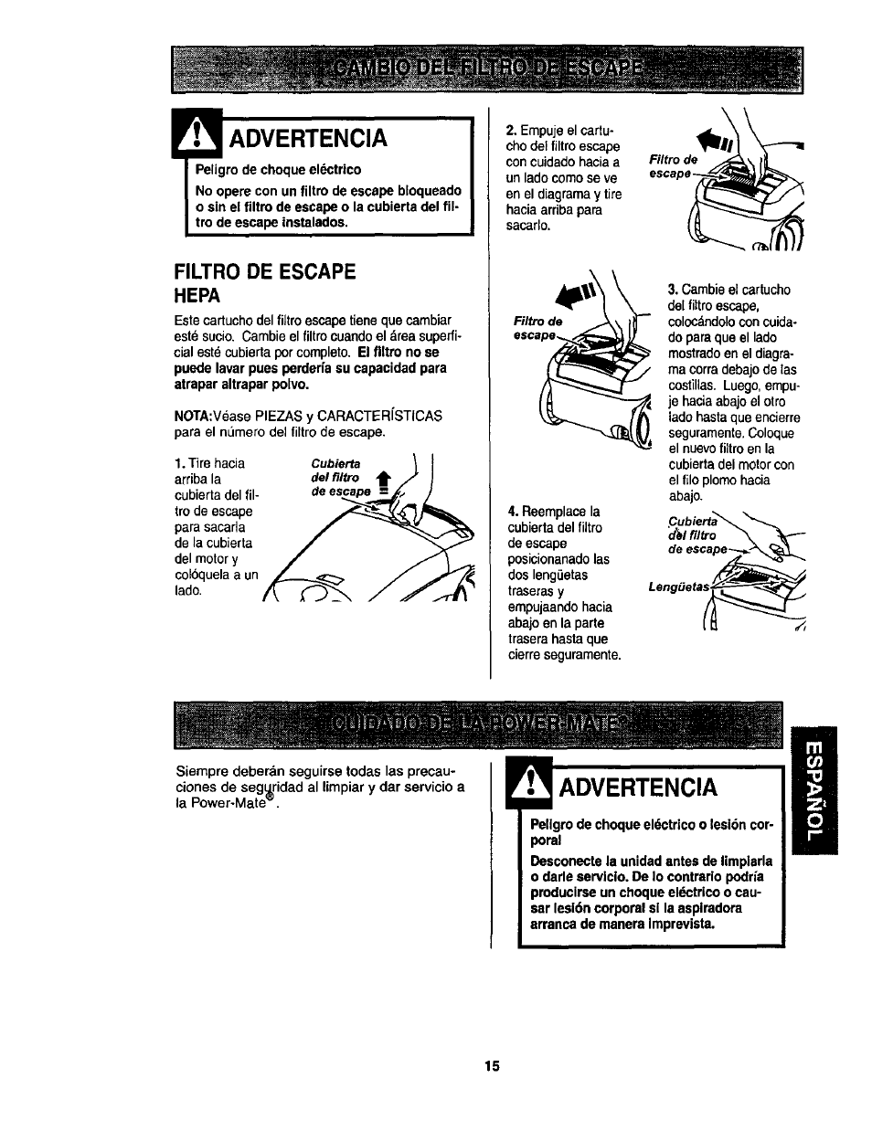 Advertencia, Filtro de escape hepa, Peligro de choque eléctrico o lesión corporal | Filtro de escape, Hepa | Kenmore ASPIRADORA 116.23513 User Manual | Page 35 / 40