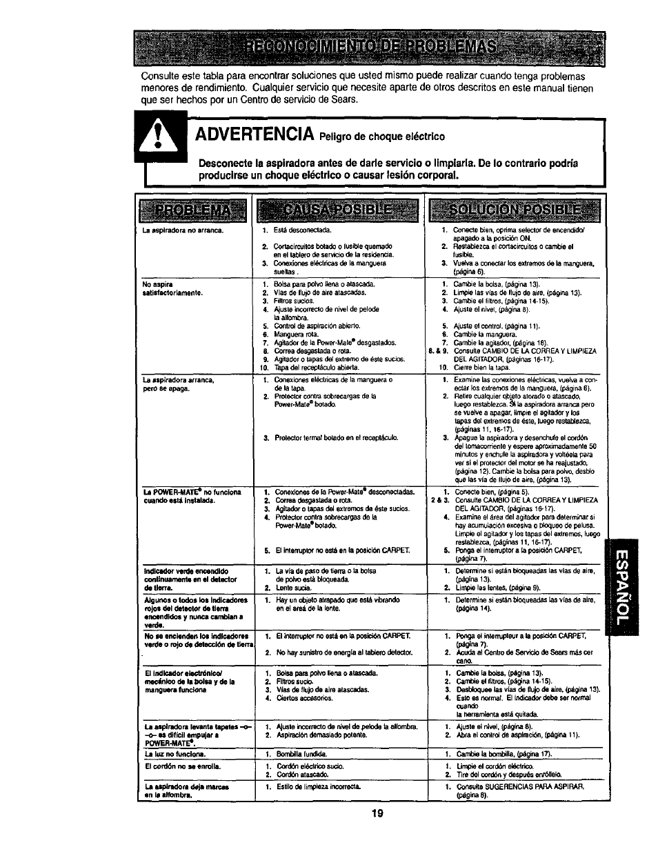 Advertencia peligro de choque eléctrico, Advertencia | Kenmore ASPIRADORA 116.23513 User Manual | Page 39 / 40