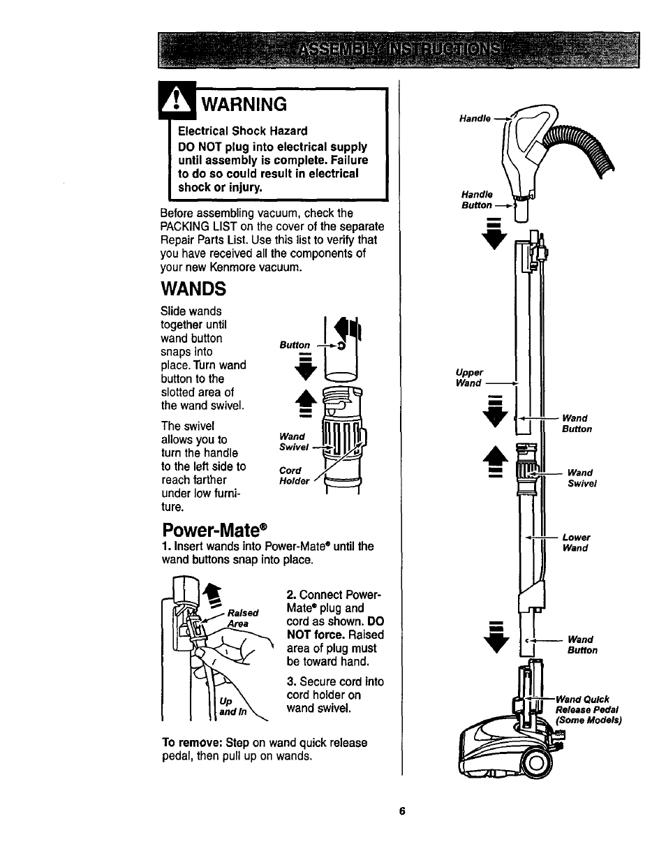 Warning, Wands, Power-mate | Kenmore ASPIRADORA 116.23513 User Manual | Page 6 / 40