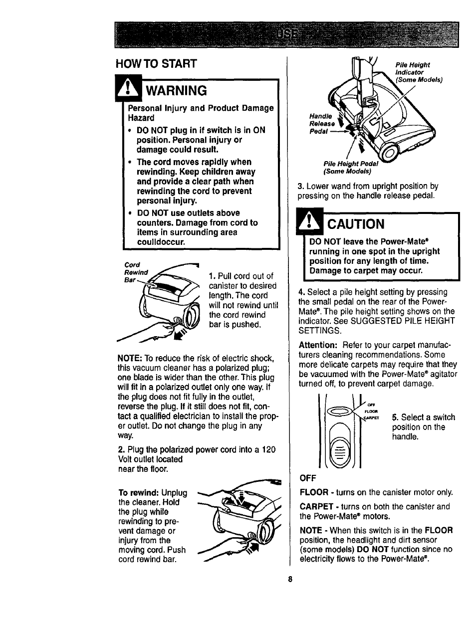 Howto start, Warning, Caution | How to start | Kenmore ASPIRADORA 116.23513 User Manual | Page 8 / 40