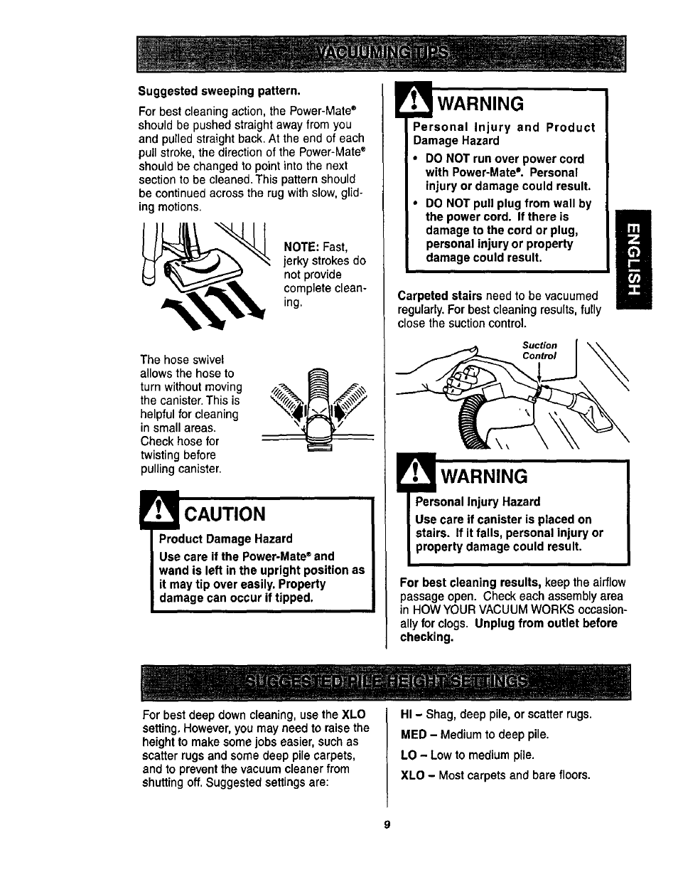 Suggested sweeping pattern, Caution, Warning | Kenmore ASPIRADORA 116.23513 User Manual | Page 9 / 40