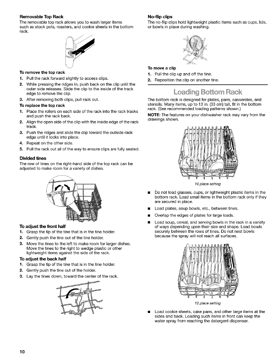 Removable top rack, Divided tines, No-flip clips | Kenmore 665.1649 User Manual | Page 10 / 60