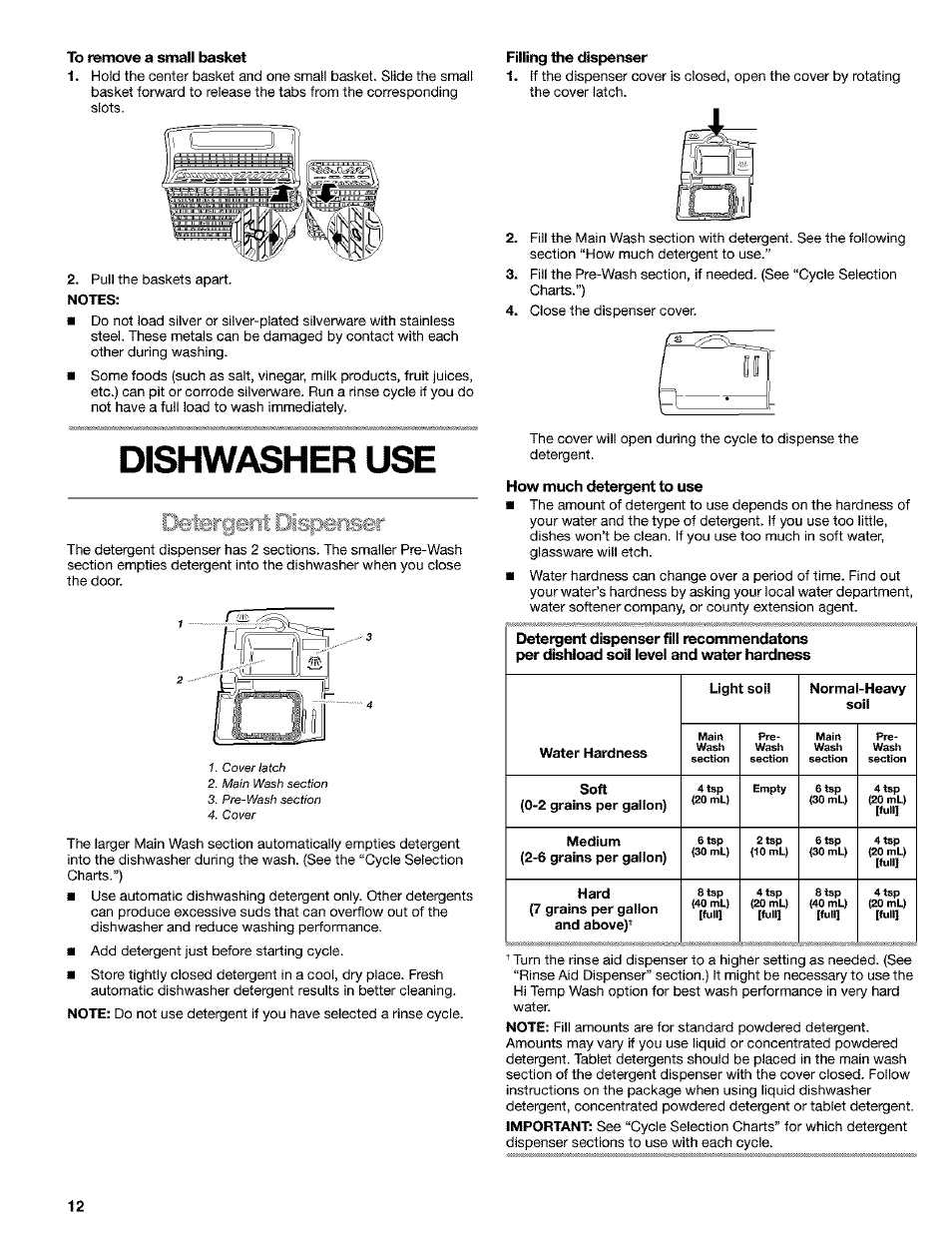 To ibtnove a stnail basket, Filling the dispenser, Dishwasher use | How much detei^ent to use | Kenmore 665.1649 User Manual | Page 12 / 60
