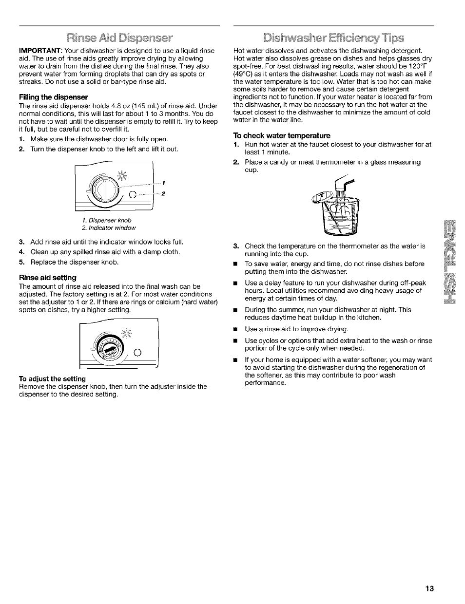 Filling the dispenser, Rinse aid setting, To check water temperature | Kenmore 665.1649 User Manual | Page 13 / 60
