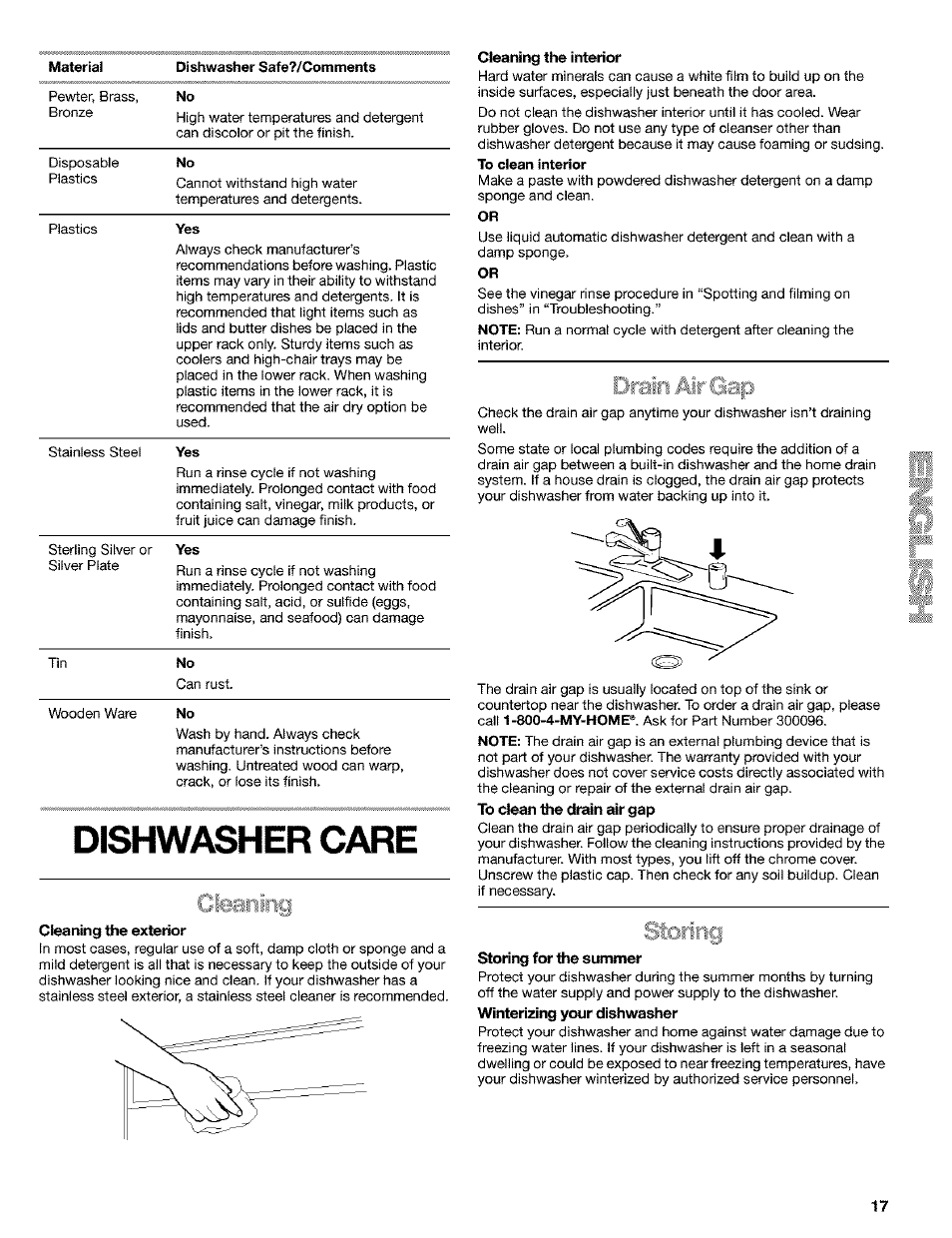 Cleaning the exterior, Cleaning the interior, Storing for the summer | Dishwasher care | Kenmore 665.1649 User Manual | Page 17 / 60