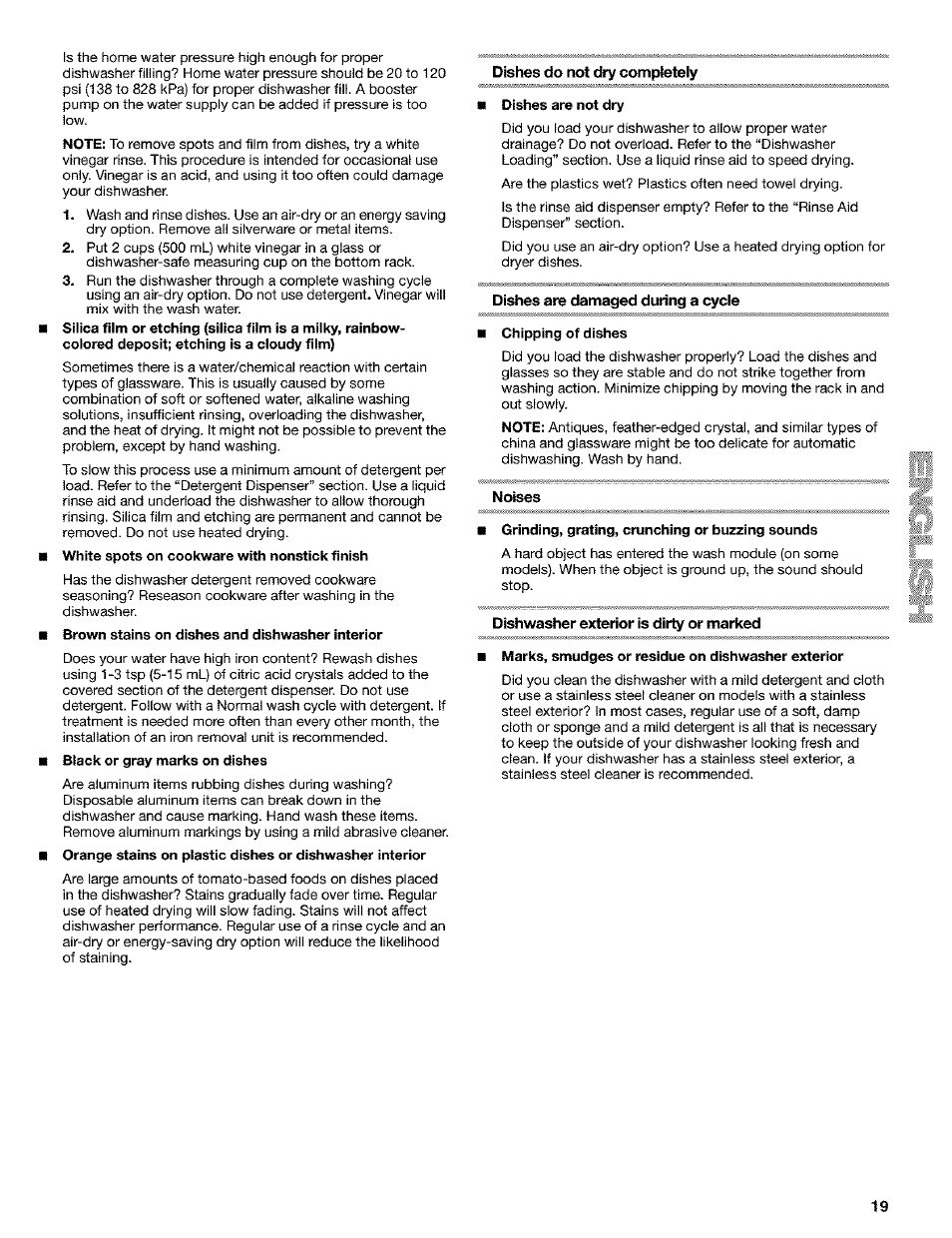 Dishes do not dry completely, Dishes are damaged during a cycle, Noises | Dishwasher exterior is dirty or marked | Kenmore 665.1649 User Manual | Page 19 / 60