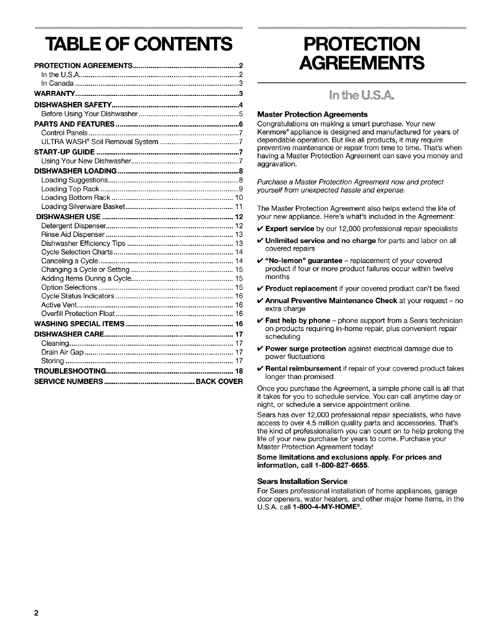 Protection, Table of contents protection, Agreements | Kenmore 665.1649 User Manual | Page 2 / 60