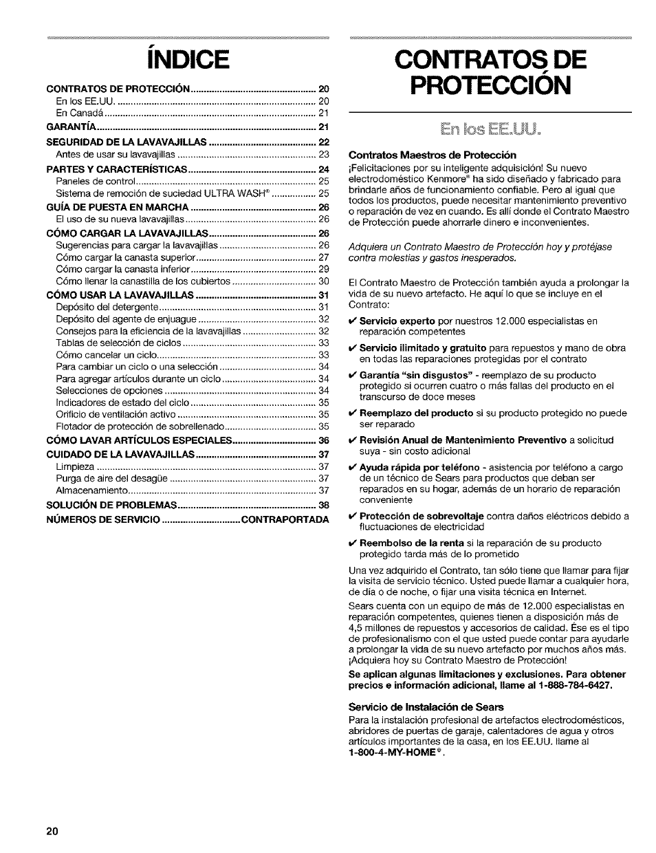 Indice, Contratos de protección, Contratos maesltos de protección | Servicio de instalación de sears | Kenmore 665.1649 User Manual | Page 20 / 60