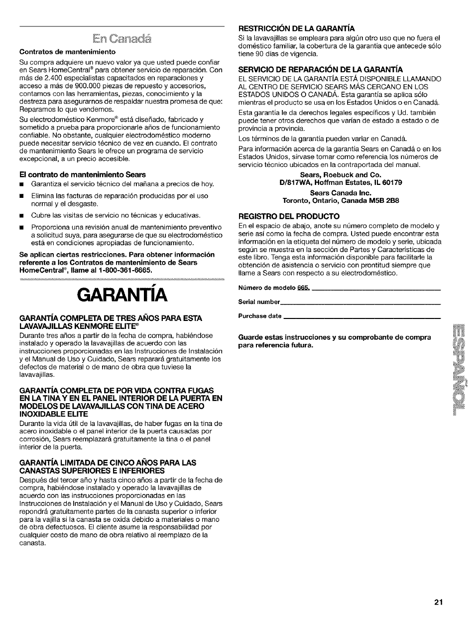 El confibto de mantenimiento sears, Garantia, Restricción de la garantía | Servicio de reparación de la garantía, Registro del producto | Kenmore 665.1649 User Manual | Page 21 / 60