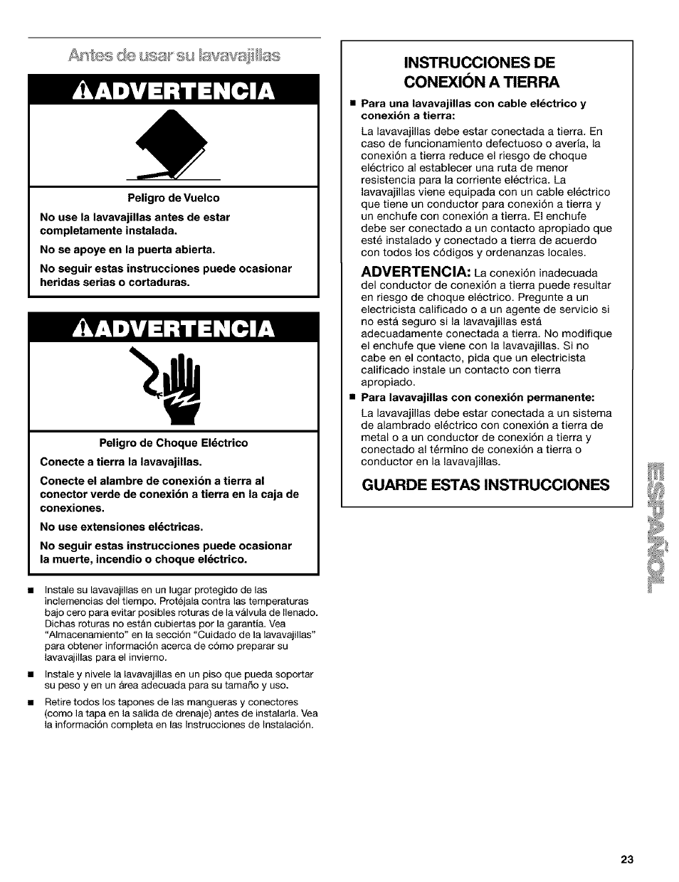 Peligro de vuelco, Peligro de choque eléctrico, No use extensiones eléctricas | Aadvertencia, Instrucciones de conexión a tierra, Advertencia, Guarde estas instrucciones | Kenmore 665.1649 User Manual | Page 23 / 60