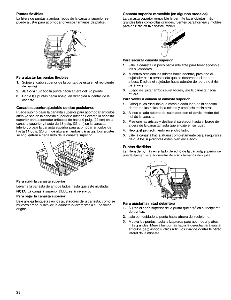 Puntas flembles, Canasta superior ajustable de dos posiciones, Canasta superior removible (en aigunos modeios) | Puntas divididas, Para ajustar la mitad delantera | Kenmore 665.1649 User Manual | Page 28 / 60