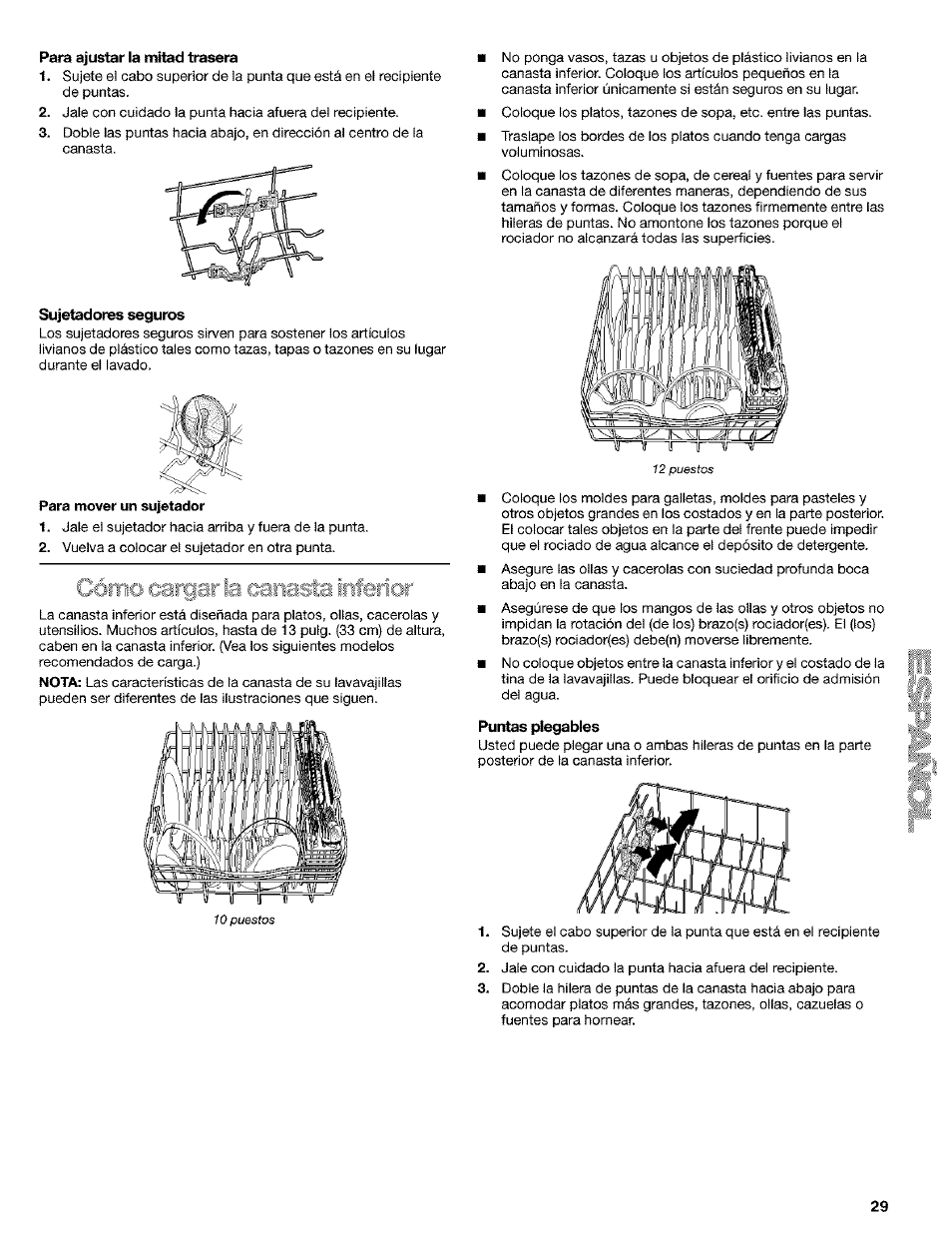 Para ajustar la müteid trasera, Sujetadores seguros, Puntas plegables | Cófiifj cargarla canasta infericjr | Kenmore 665.1649 User Manual | Page 29 / 60