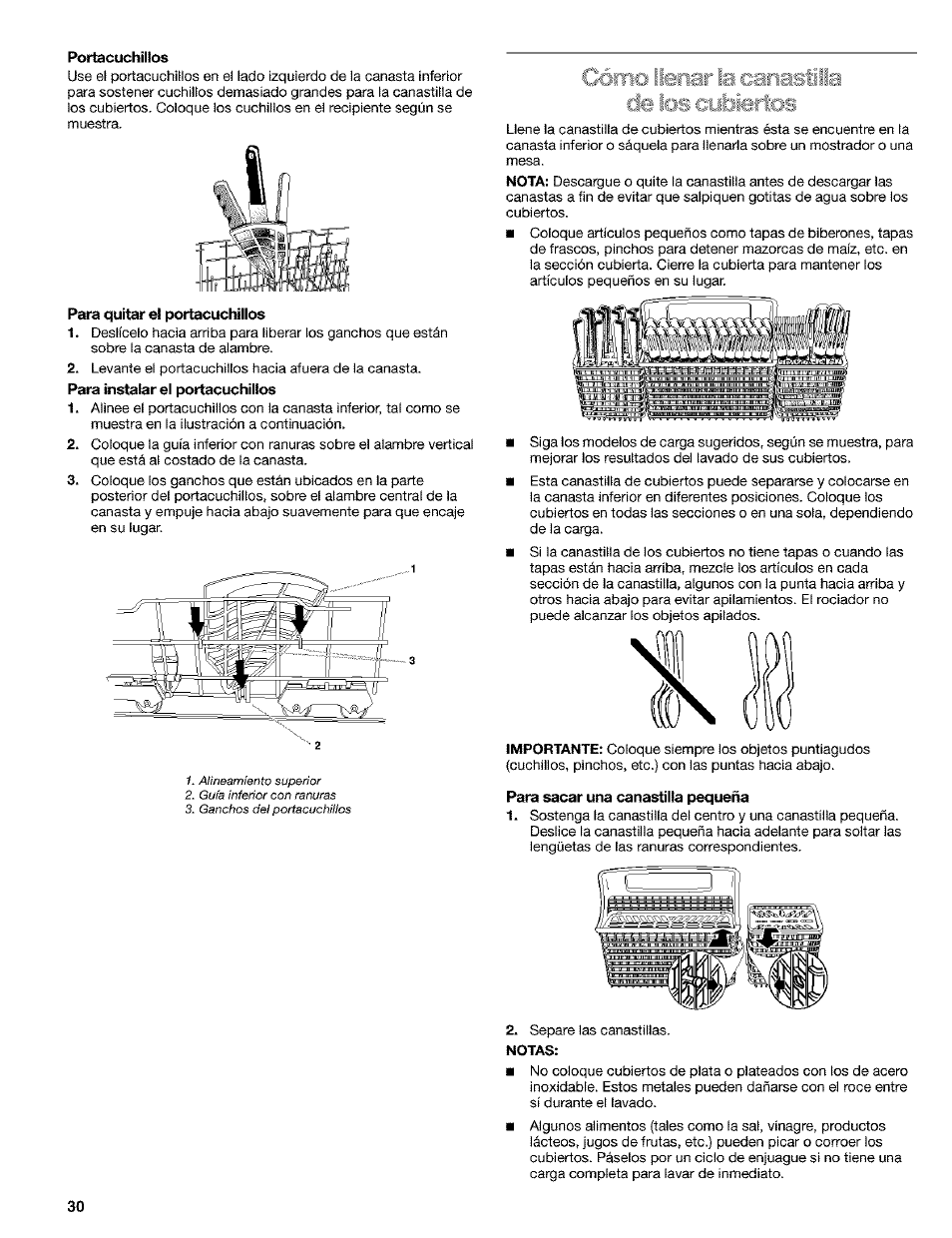 Portacuchillos, Para quitar el portacuchillos, Para sacar una canastilla pequeña | Notas, I;i:;'ínar la canæilia | Kenmore 665.1649 User Manual | Page 30 / 60