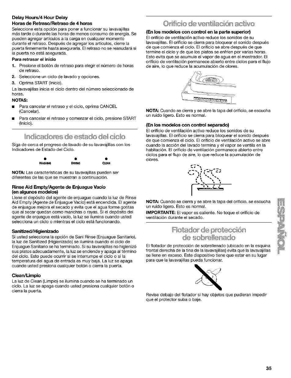 Delay hours/4 hour delay, Sanitizod/higienizado, Cieart/umpio | En los modelos con control en la parte superior), En los modelos con control separado) | Kenmore 665.1649 User Manual | Page 35 / 60
