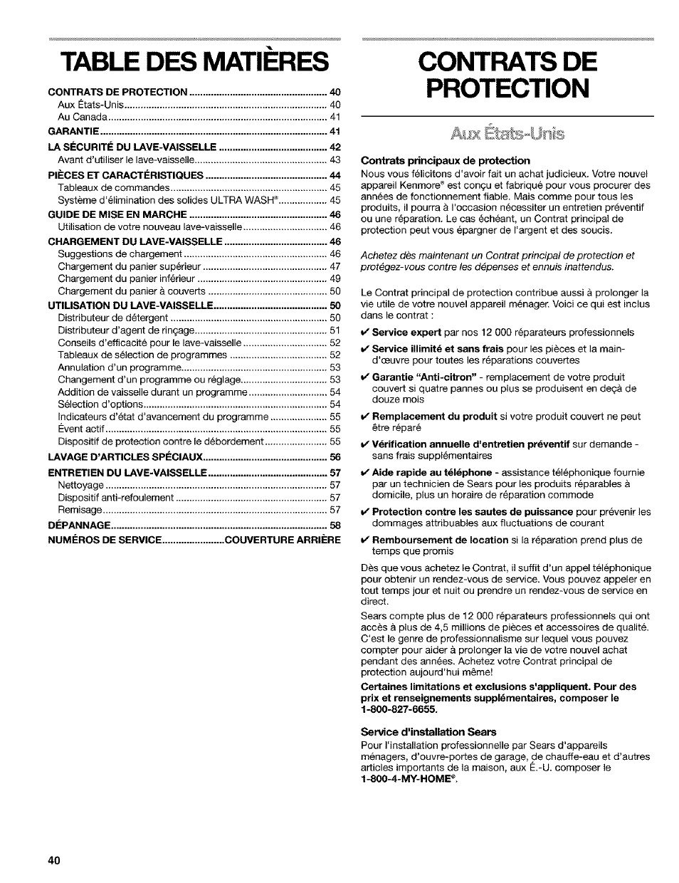 Table des matieres, Contrats de protection, Contrats principaux de protection | Service d'instaliation sears | Kenmore 665.1649 User Manual | Page 40 / 60
