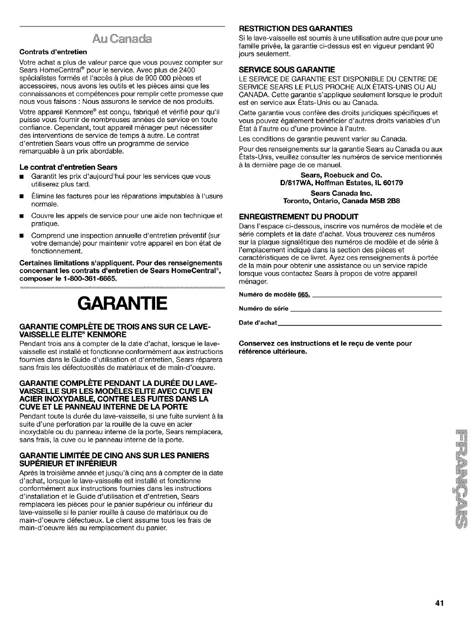 Le contrat d’entretien seare, Garantie, Restriction des garanties | Service sous garantie, Enregistrement du produit, Г :j-da | Kenmore 665.1649 User Manual | Page 41 / 60