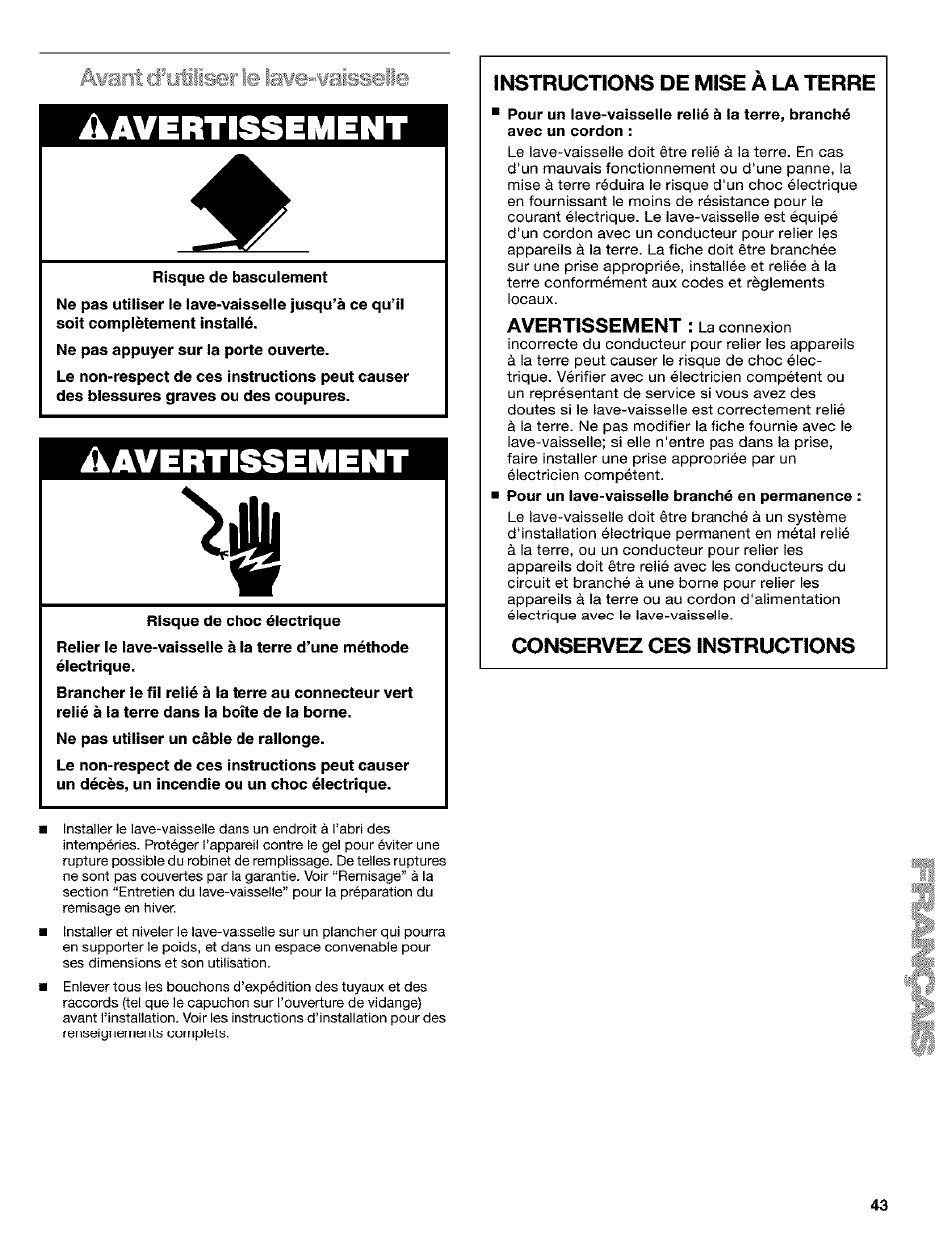 Risque de basculement, Risque de choc électrique, Ikavertissement | Instructions de mise a la terre, Avertissement, Conservez ces instructions | Kenmore 665.1649 User Manual | Page 43 / 60