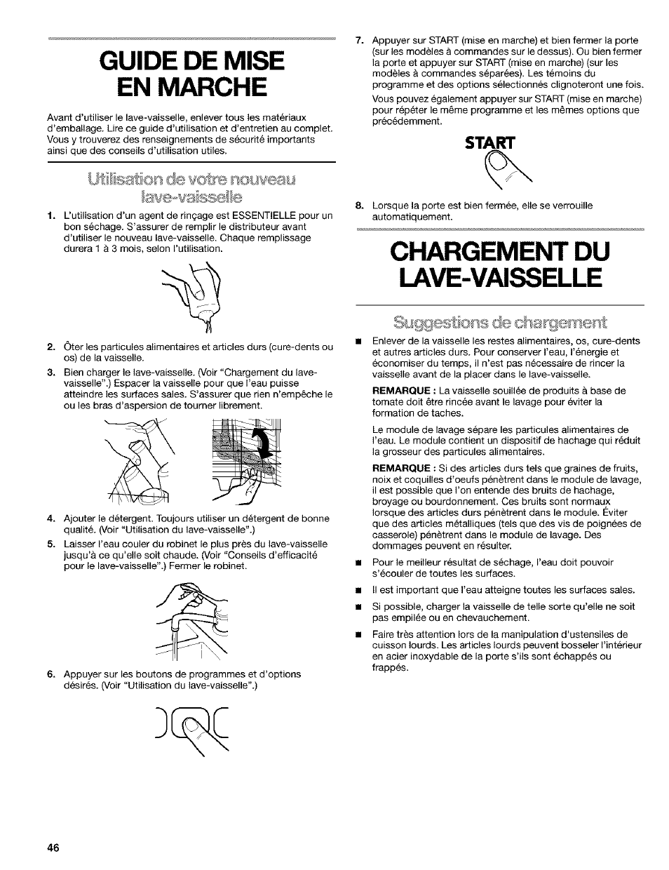 Guide de mise en marche, Chargement du lave-vaisselle, Entretien du lave-vaisselle | Start | Kenmore 665.1649 User Manual | Page 46 / 60