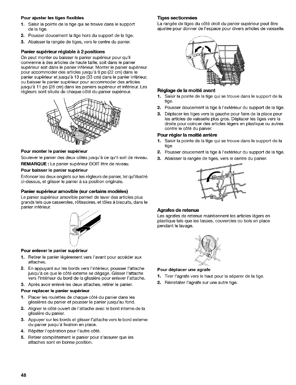 Panier supérieur réglable à 2 positions, Panier supérieur amovible (sur certains modèles), Tiges sectionnées | Réglage de la moitié avant, Agrafés de retenue | Kenmore 665.1649 User Manual | Page 48 / 60