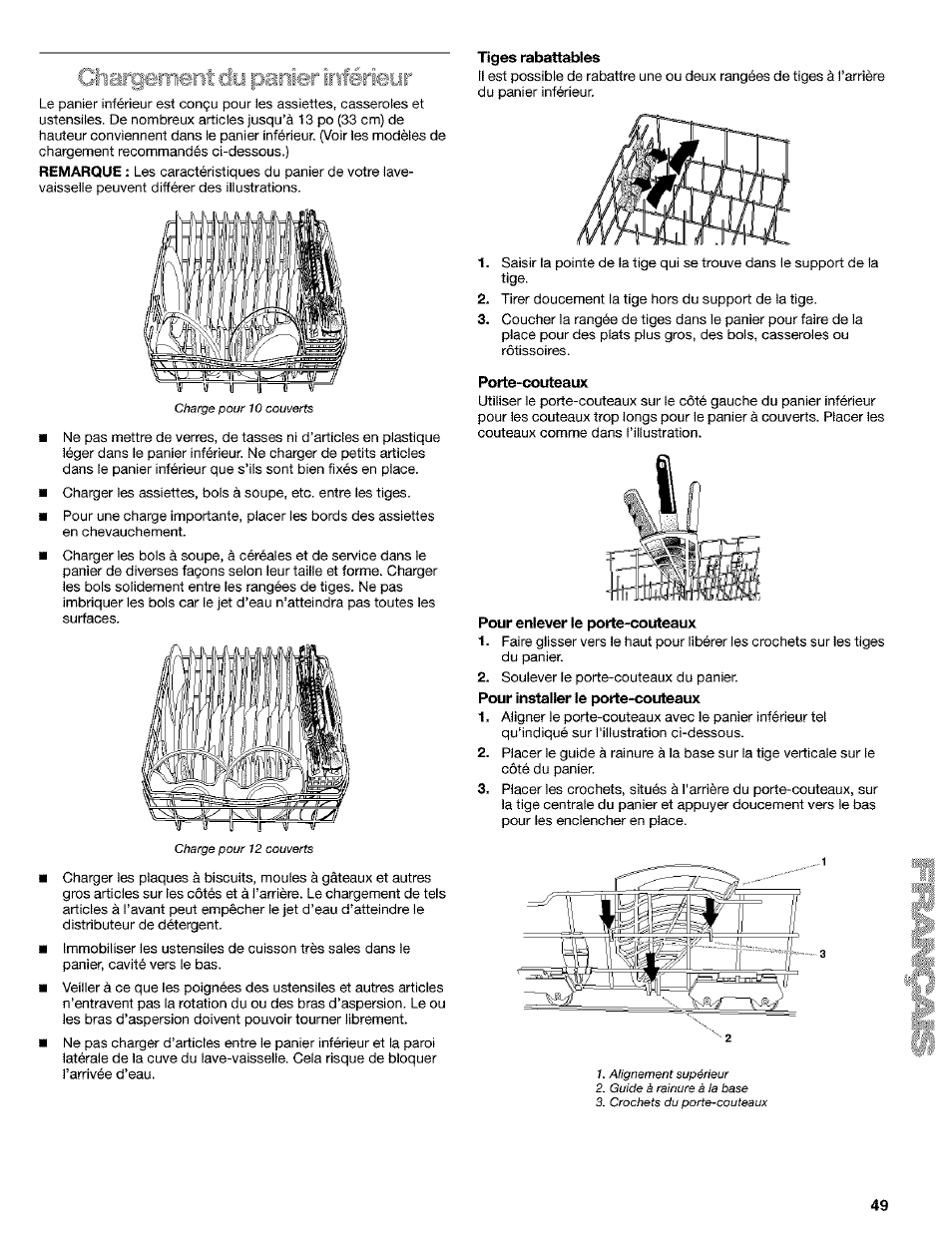 Tiges rabattables, Porte-couteaux, Pour enlever le porte-couteaux | Kenmore 665.1649 User Manual | Page 49 / 60