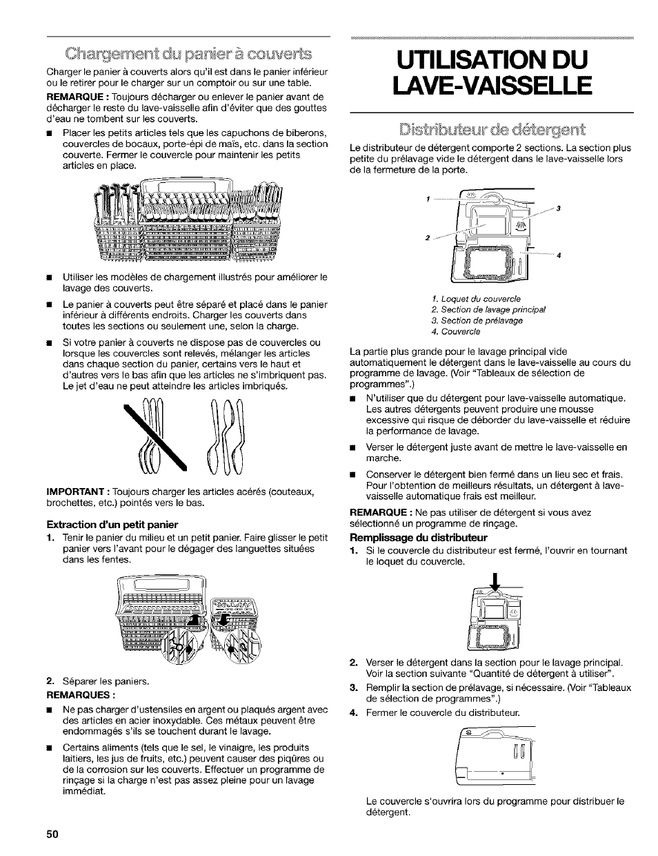 Exiibction d’un pelït panier, Unusation du lave-vaisselle | Kenmore 665.1649 User Manual | Page 50 / 60