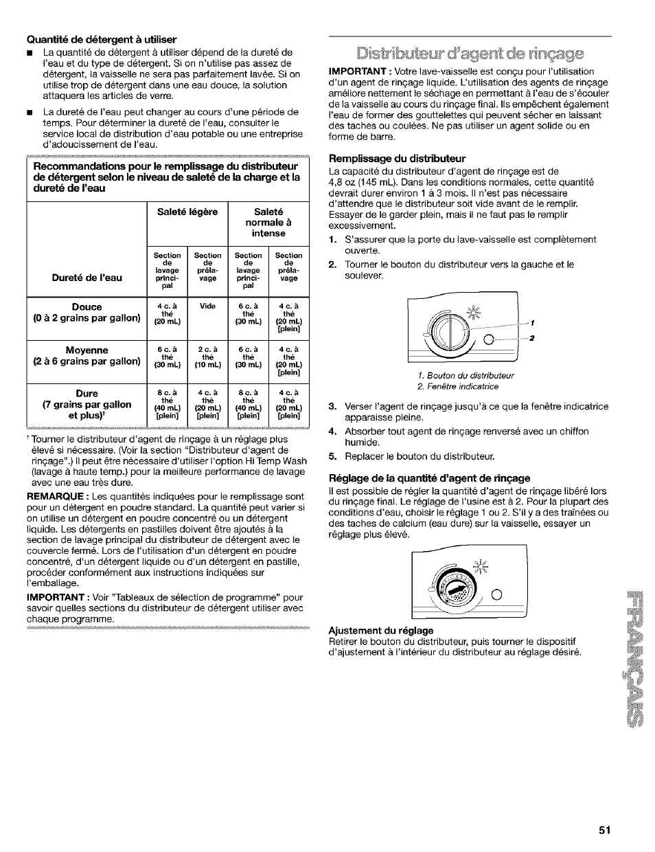 Quantité de détergent à utiliser, Remplissage du distiibuteur, Réglage de la quantité d’agent de rinçage | Dîstrîbuteyr cl^agent de rinçage | Kenmore 665.1649 User Manual | Page 51 / 60