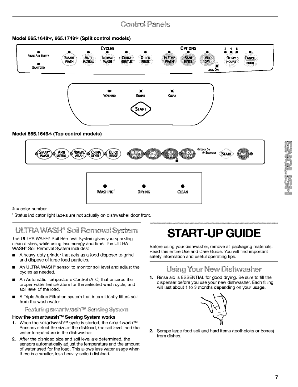 Model 665.1648^, 665.1748н= (split control models), Model 665.1649ф (top control models), Start-up guide | Ijl r :-i;\ ..... . e.errio¥al system, S««rzed 1, Bfstem, Featuring sriiariwash'^'“ seiising | Kenmore 665.1649 User Manual | Page 7 / 60