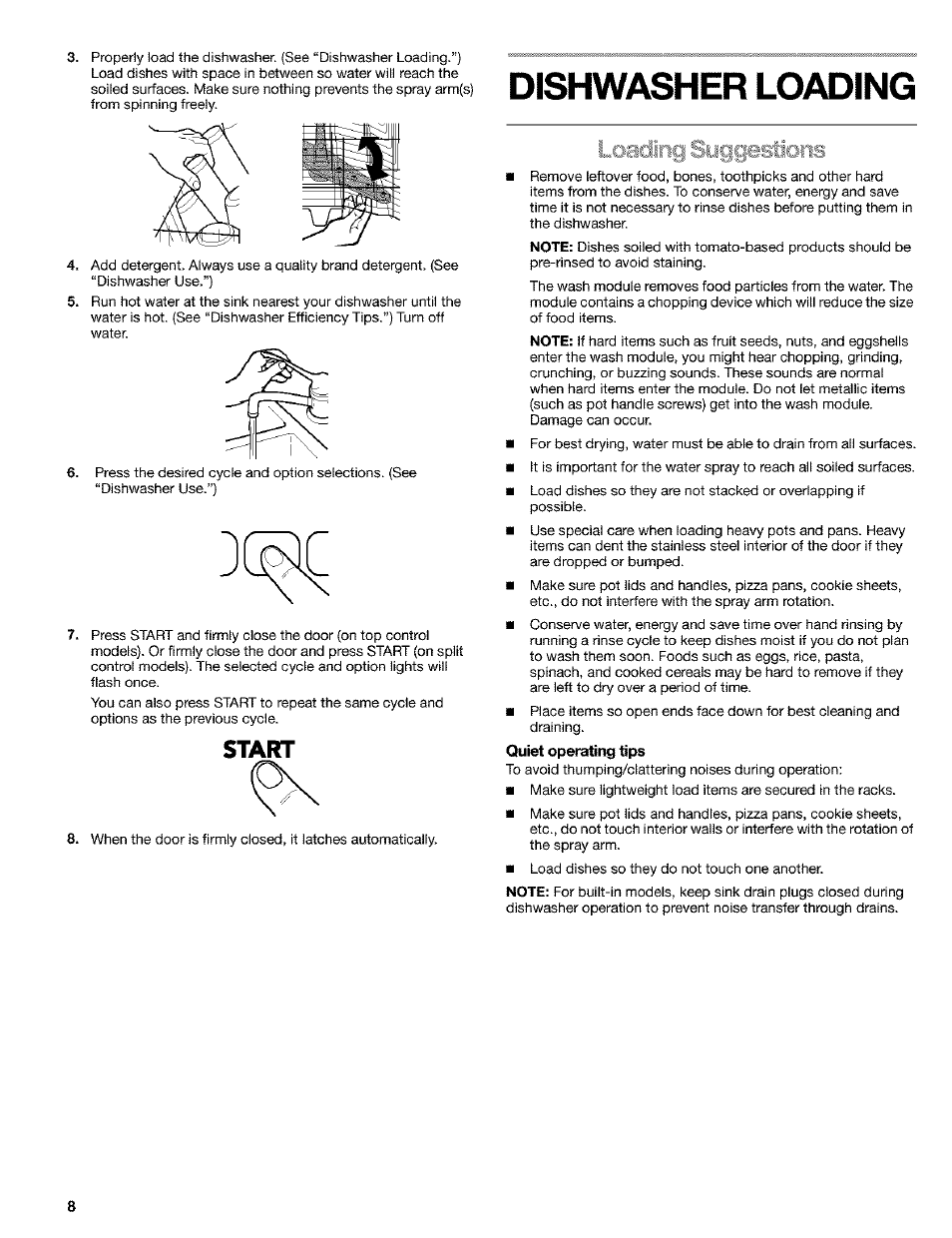 Dishwasher loading, Start | Kenmore 665.1649 User Manual | Page 8 / 60