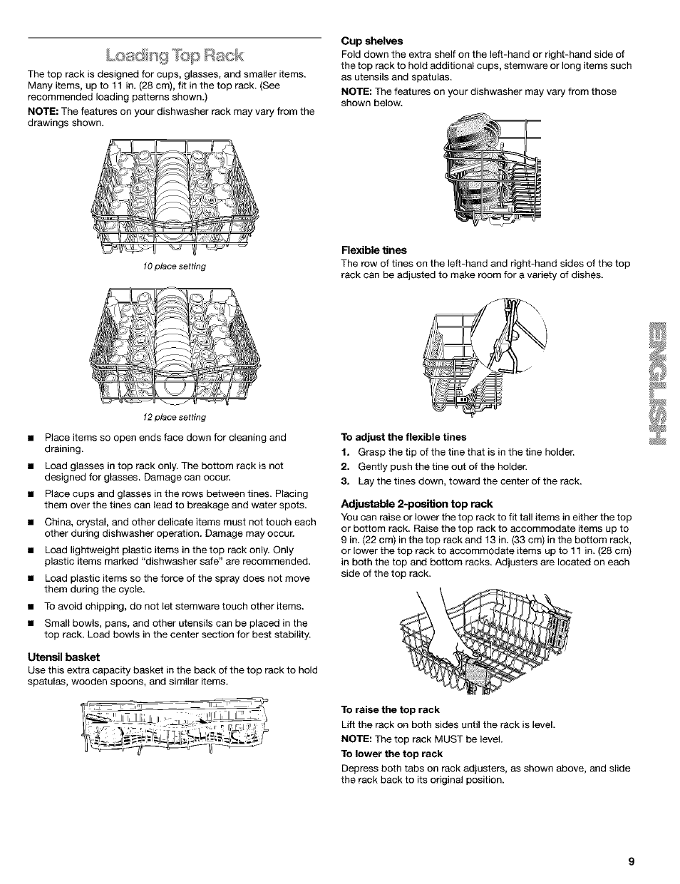 Utensil basket, Cup shelves, Flemble tines | Adjustable 2-position top rack | Kenmore 665.1649 User Manual | Page 9 / 60