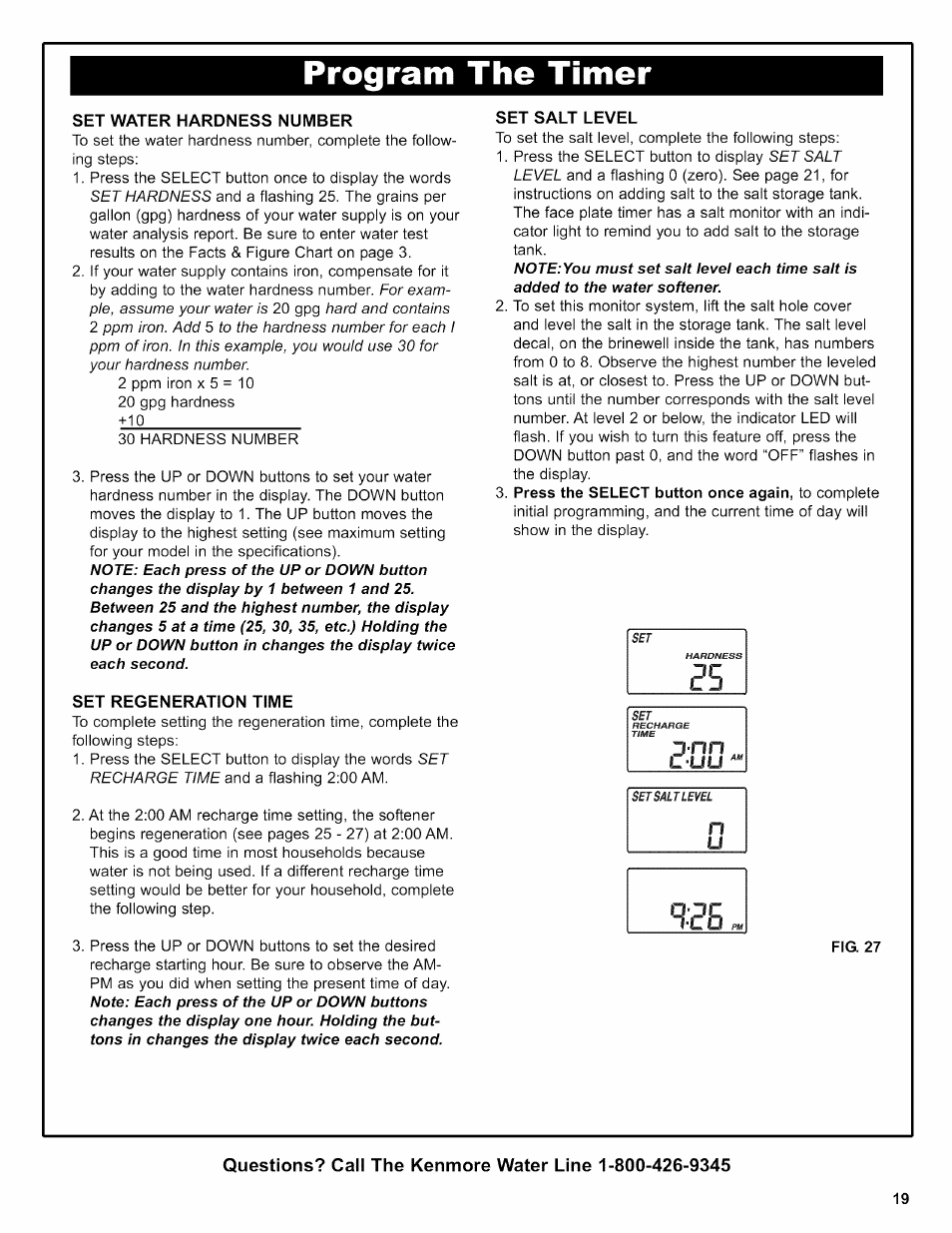 Program the timer, Set w/vter hardness number, Set regeneration time | Set salt level | Kenmore 625.38306 User Manual | Page 19 / 96