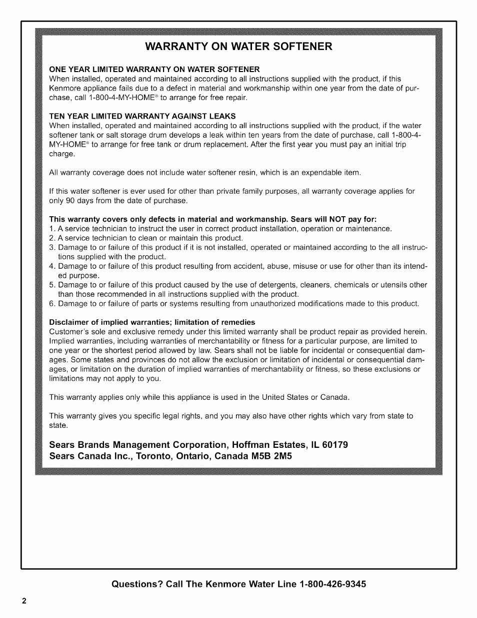 One year limited warranty on water softener, Ten year limited warranty against leaks, Warranty on water softener | Kenmore 625.38306 User Manual | Page 2 / 96