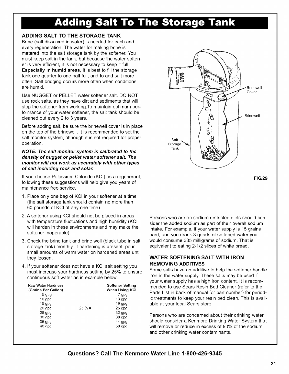 Adding salt to the storage tank, Water softening salt with iron removing additives, Add salt to storage tank | Kenmore 625.38306 User Manual | Page 21 / 96