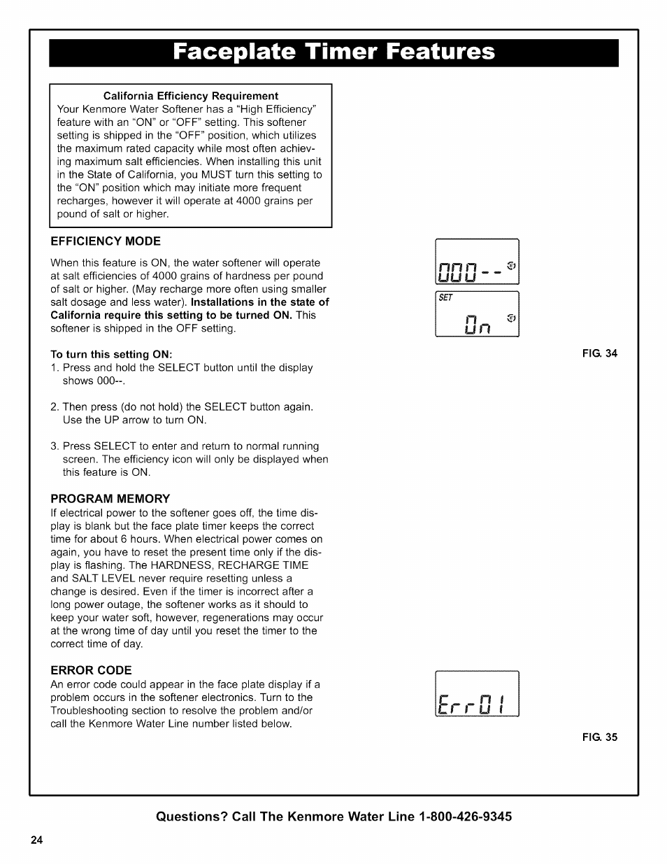 California efficiency requirement, Efficiency mode, To turn this setting on | Program memory, Error code, Fig. 35, Faceplate timer features | Kenmore 625.38306 User Manual | Page 24 / 96