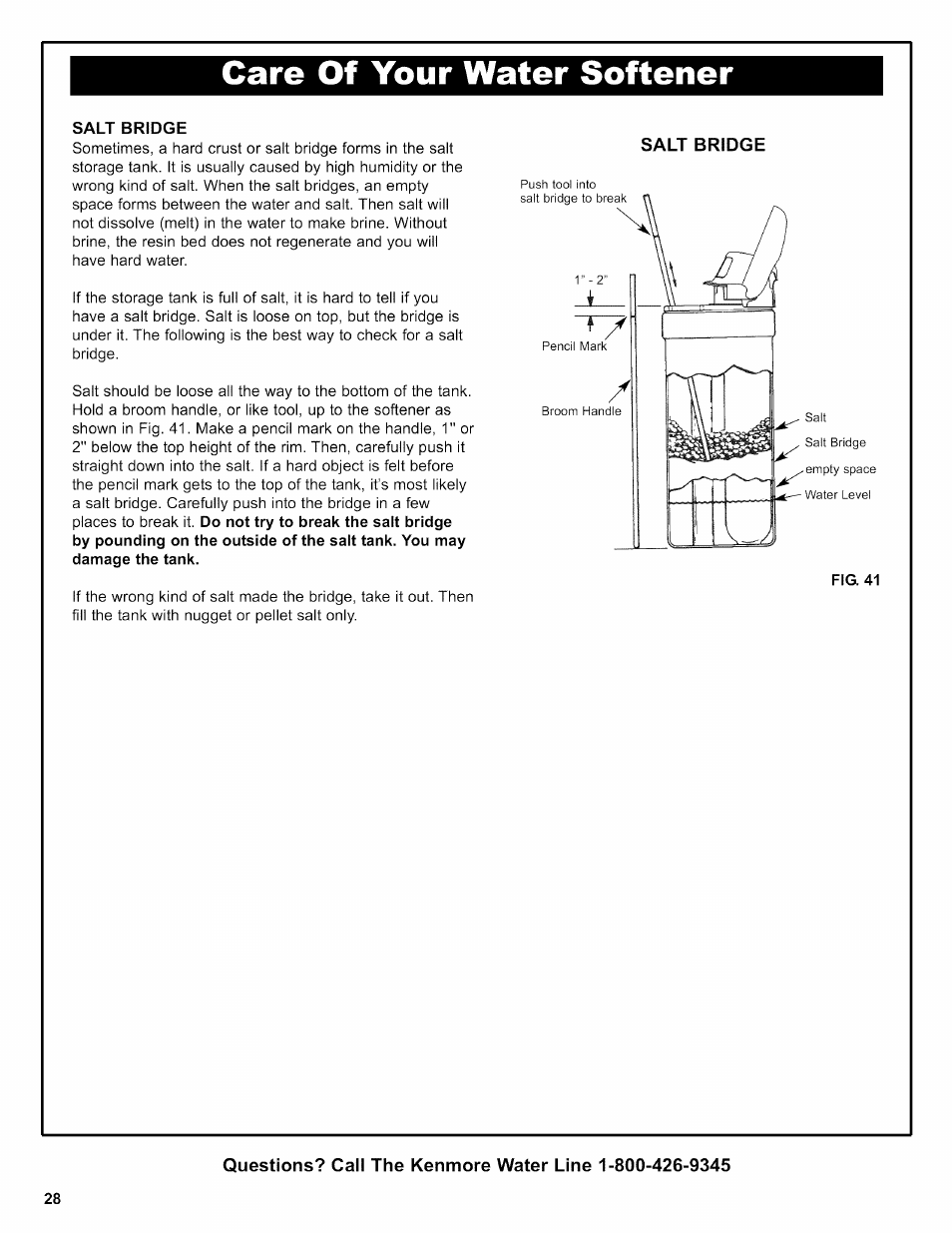 Salt bridge, Care of your water softener | Kenmore 625.38306 User Manual | Page 28 / 96