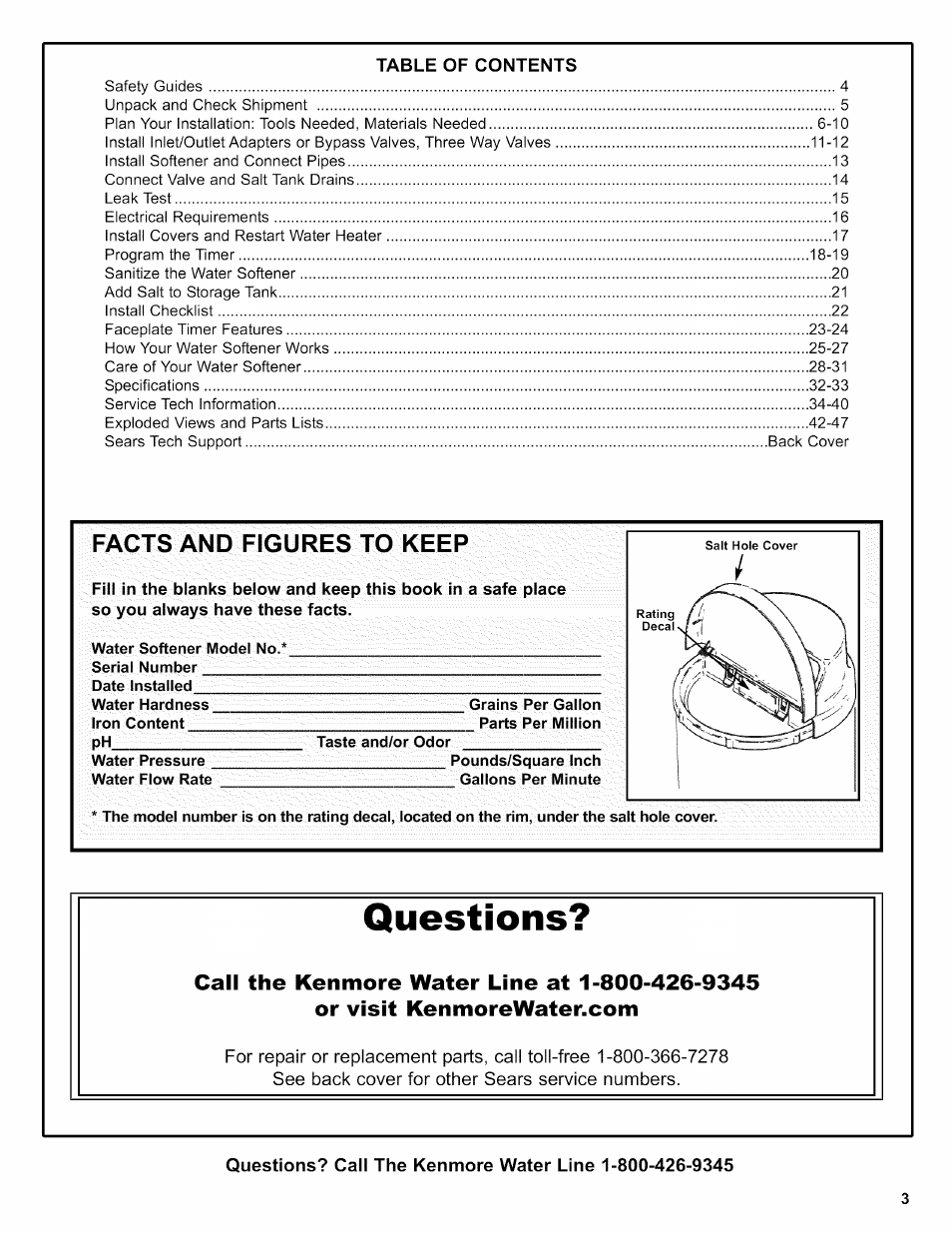 Questions, Facts and figures to keep | Kenmore 625.38306 User Manual | Page 3 / 96